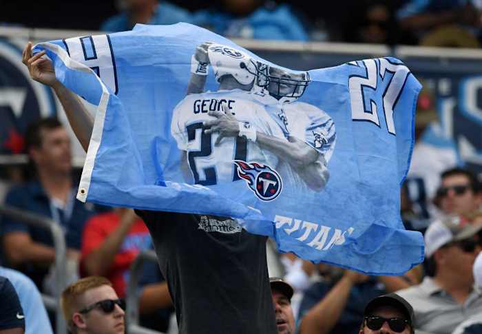George and Steve McNair banner before their numbers were retired by the Titans
